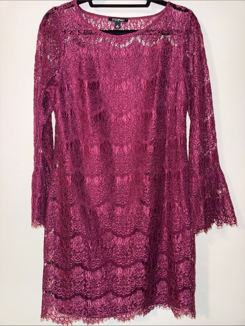 Roz & Ali Wine Lace Shift Dress with Bell Sleeves